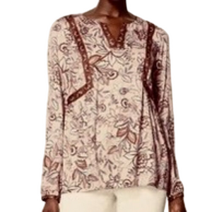J.Jill  Blouse Peasant Style Pale Pink Floral w/Browns Boho Tunic NWT